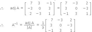 therefore space space space space space space space adj space straight A space equals space open square brackets table row cell space space space 7 end cell cell space space space 3 end cell cell space space space minus 1 end cell row cell negative 3 end cell cell space space space space 0 end cell cell space space space space space 3 end cell row cell space space 2 end cell cell space minus 3 end cell cell space space space space 1 end cell end table close square brackets to the power of apostrophe space equals open square brackets table row cell space 7 end cell cell space space minus 3 end cell cell space space space space space space space 2 end cell row cell space 3 end cell cell space space space space space 0 end cell cell space space space minus 3 end cell row cell negative 1 end cell cell space space space space space 3 end cell cell space space space space space space space 1 end cell end table close square brackets space
therefore space space space space space space space space space straight A to the power of negative 1 end exponent space equals space fraction numerator adj space straight A over denominator open vertical bar straight A close vertical bar end fraction space equals space 1 over 9 open square brackets table row cell space space space 7 end cell cell space space minus 3 end cell cell space space space space space space 2 end cell row cell space space 3 end cell cell space space space space 0 end cell cell space space minus 3 end cell row cell negative 1 end cell cell space space space space 3 end cell cell space space space space space space 1 end cell end table close square brackets