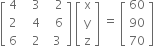 open square brackets table row 4 cell space space space 3 end cell cell space space space 2 end cell row 2 cell space space space 4 end cell cell space space space 6 end cell row 6 cell space space space 2 end cell cell space space 3 end cell end table close square brackets space open square brackets table row straight x row straight y row straight z end table close square brackets space equals space open square brackets table row 60 row 90 row 70 end table close square brackets