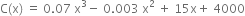 straight C left parenthesis straight x right parenthesis space equals space 0.07 space straight x cubed minus space 0.003 space straight x squared space plus space 15 straight x plus space 4000