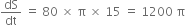 dS over dt space equals space 80 space cross times space straight pi space cross times space 15 space equals space 1200 space straight pi