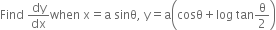 Find space dy over dx when space straight x equals straight a space sinθ comma space straight y equals straight a open parentheses cosθ plus log space tan straight theta over 2 close parentheses