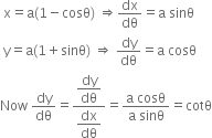 space straight x equals straight a left parenthesis 1 minus cosθ right parenthesis space rightwards double arrow dx over dθ equals straight a space sinθ
space straight y equals straight a left parenthesis 1 plus sinθ right parenthesis space rightwards double arrow space dy over dθ equals straight a space cosθ
Now space dy over dθ equals fraction numerator begin display style dy over dθ end style over denominator begin display style dx over dθ end style end fraction equals fraction numerator straight a space cosθ over denominator straight a space sinθ end fraction equals cotθ