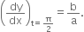 open parentheses dy over dx close parentheses subscript straight t equals straight pi over 2 end subscript equals straight b over straight a.