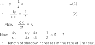 therefore space space space space space straight y equals space 1 half straight x space space space space space space space space space space space space space space space space space space space space space space space space space space space space space space space space space space space space space space space space space space space space space space space space space... left parenthesis 1 right parenthesis
therefore space space space space space space dy over dx space equals space 1 half space space space space space space space space space space space space space space space space space space space space space space space space space space space space space space space space space space space space space space space space space space space space... left parenthesis 2 right parenthesis
space space space space space Also comma space space space space space dx over dt space equals space 6
Now space space space dy over dt space equals space dy over dx space dx over dt space equals space 1 half cross times 6 space equals space 3
therefore space space space space length space of space shadow space increases space at space the space rate space of space 3 straight m divided by sec.
