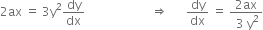 2 ax space equals space 3 straight y squared dy over dx space space space space space space space space space space space space space space space space space space space space space space rightwards double arrow space space space space space space dy over dx space equals space fraction numerator 2 ax over denominator space 3 space straight y squared end fraction