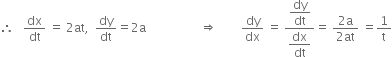 therefore space space space dx over dt space equals space 2 at comma space space dy over dt equals 2 straight a space space space space space space space space space space space space space space space space space space rightwards double arrow space space space space space space space space dy over dx space equals space fraction numerator begin display style dy over dt end style over denominator begin display style dx over dt end style end fraction equals space fraction numerator 2 straight a over denominator 2 at end fraction space equals 1 over straight t