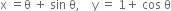 straight x space equals straight theta space plus space sin space straight theta comma space space space space straight y space equals space 1 plus space cos space straight theta