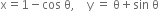 straight x equals 1 minus cos space straight theta comma space space space space straight y space equals space straight theta plus sin space straight theta