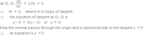At space left parenthesis 0 comma space 0 right parenthesis space dy over dx space equals space 2 left parenthesis 0 right parenthesis space equals space 0
therefore space space space space space straight m space equals space 0 comma space space space space where space straight m space is space slope space of space tangent.
therefore space space space space space space the space equation space of space tangent space at space left parenthesis 0 comma space 0 right parenthesis space is
space space space space space space space space space space space space space space straight y minus 0 space equals space 0 left parenthesis straight x minus 0 right parenthesis space space space space or space space space straight y space equals space 0
Now space the space normal space passes space through space the space origin space and space is space perpendicular space to space the space tangent space straight y space equals 0
therefore space space space space space space its space equation space is space straight x space equals 0