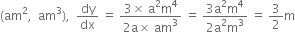 left parenthesis am squared comma space space am cubed right parenthesis comma space space dy over dx space equals space fraction numerator 3 cross times space straight a squared straight m to the power of 4 over denominator 2 straight a cross times space am cubed end fraction space equals space fraction numerator 3 straight a squared straight m to the power of 4 over denominator 2 straight a squared straight m cubed end fraction space equals space 3 over 2 straight m