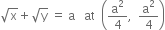 square root of straight x plus square root of straight y space equals space straight a space space space at space space open parentheses straight a squared over 4 comma space space straight a squared over 4 close parentheses