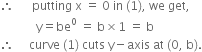 therefore space space space space space space putting space straight x space equals space 0 space in space left parenthesis 1 right parenthesis comma space we space get comma
space space space space space space space space space space space space straight y equals be to the power of 0 space equals space straight b cross times 1 space equals space straight b
therefore space space space space space curve space left parenthesis 1 right parenthesis space cuts space straight y minus axis space at space left parenthesis 0 comma space straight b right parenthesis.
