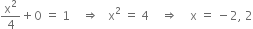 straight x squared over 4 plus 0 space equals space 1 space space space space rightwards double arrow space space space straight x squared space equals space 4 space space space space rightwards double arrow space space space space straight x space equals space minus 2 comma space 2