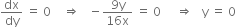 dx over dy space equals space 0 space space space space rightwards double arrow space space space minus fraction numerator 9 straight y over denominator 16 straight x end fraction space equals space 0 space space space space space rightwards double arrow space space space straight y space equals space 0