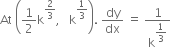 At space open parentheses 1 half straight k to the power of 2 over 3 end exponent comma space space space straight k to the power of 1 third end exponent close parentheses. space dy over dx space equals space 1 over straight k to the power of begin display style 1 third end style end exponent