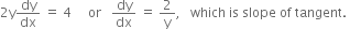 2 straight y dy over dx space equals space 4 space space space space space or space space space dy over dx space equals space 2 over straight y comma space space space which space is space slope space of space tangent. space