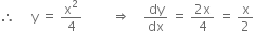 therefore space space space space space straight y space equals space straight x squared over 4 space space space space space space space space space rightwards double arrow space space space space dy over dx space equals space fraction numerator 2 straight x over denominator 4 end fraction space equals space straight x over 2