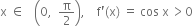 straight x space element of space space space open parentheses 0 comma space space straight pi over 2 close parentheses comma space space space space straight f apostrophe left parenthesis straight x right parenthesis space equals space cos space straight x thin space greater than 0