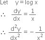 Let space space space space space straight y equals log space straight x
therefore space space space dy over dx equals 1 over straight x
therefore space fraction numerator straight d squared straight y over denominator dx squared end fraction equals negative 1 over straight x squared