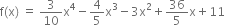 straight f left parenthesis straight x right parenthesis space equals space 3 over 10 straight x to the power of 4 minus 4 over 5 straight x cubed minus 3 straight x squared plus 36 over 5 straight x plus 11