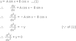 straight y equals space straight A space sin space straight x plus straight B space cos space straight x space space space... left parenthesis 1 right parenthesis
therefore space space space space space space space space dy over dx equals straight A space cos space straight x minus space straight B space sin space straight x
therefore space space space space space space space fraction numerator straight d squared straight y over denominator dx squared end fraction equals negative straight A space sin space straight x minus space straight B space cos space straight x
therefore space space space space space space space fraction numerator straight d squared straight y over denominator dx squared end fraction equals negative straight y space space space space space space space space space space space space space space space space space space space space space space space space space space space space space space space space space space space space space space space space space space space space space space space space left square bracket because space of space left parenthesis 1 right parenthesis right square bracket
therefore space fraction numerator straight d squared straight y over denominator dx squared end fraction plus straight y equals 0