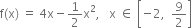 straight f left parenthesis straight x right parenthesis space equals space 4 straight x minus 1 half straight x squared comma space space space straight x space element of space open square brackets negative 2 comma space space 9 over 2 close square brackets