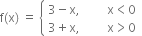 straight f left parenthesis straight x right parenthesis space equals space open curly brackets table attributes columnalign left end attributes row cell 3 minus straight x comma space space space space space space space space space straight x less than 0 end cell row cell 3 plus straight x comma space space space space space space space space space straight x greater than 0 end cell end table close