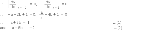 therefore space space space space open square brackets dy over dx close square brackets subscript straight x equals negative 1 end subscript space space equals space 0 comma space space space space space space open square brackets dy over dx close square brackets subscript straight x equals 2 end subscript space space equals 0
therefore space space space minus straight a minus 2 straight b plus 1 space equals 0 comma space space space straight a over 2 plus 4 straight b plus 1 space equals space 0
therefore space space space space space space space straight a plus 2 straight b space equals space 1 space space space space space space space space space space space space space space space space space space space space space space space space space space space space space space space space space space space space space space space space space space space space space space space space space space space space space space space space space space space space space space space space space space space space space space space space space space space space space space space space space space space space space space space space space space space space space... left parenthesis 1 right parenthesis
and space space space space space space straight a plus 8 straight b space equals space minus 2 space space space space space space space space space space space space space space space space space space space space space space space space space space space space space space space space space space space space space space space space space space space space space space space space space space space space space space space space space space space space space space space space space space space space space space space space space space space space space space space space space space space space space space space space... left parenthesis 2 right parenthesis space space space space space space space space space space space space space space space space space space space space space space space space space space space space space space space space space space space space space space space space
