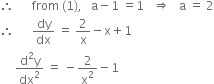 therefore space space space space space space from space left parenthesis 1 right parenthesis comma space space space straight a minus 1 space equals 1 space space space rightwards double arrow space space space straight a space equals space 2
therefore space space space space space space dy over dx space equals space 2 over straight x minus straight x plus 1
space space space space space fraction numerator straight d squared straight y over denominator dx squared end fraction space equals space minus 2 over straight x squared minus 1