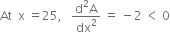 At space space straight x space equals 25 comma space space space fraction numerator straight d squared straight A over denominator dx squared end fraction space equals space minus 2 space less than space 0
