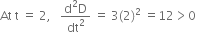 At space straight t space equals space 2 comma space space space fraction numerator straight d squared straight D over denominator dt squared end fraction space equals space 3 left parenthesis 2 right parenthesis squared space equals 12 greater than 0 space