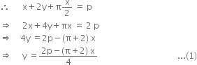 therefore space space space space space space straight x plus 2 straight y plus straight pi straight x over 2 space equals space straight p
rightwards double arrow space space space space space 2 straight x plus 4 straight y plus πx space equals space 2 space straight p
rightwards double arrow space space space space 4 straight y space equals 2 straight p minus left parenthesis straight pi plus 2 right parenthesis space straight x
rightwards double arrow space space space space space straight y space equals fraction numerator 2 straight p minus left parenthesis straight pi plus 2 right parenthesis space straight x over denominator 4 end fraction space space space space space space space space space space space space space space space space space space space space space space space space space space space space space space space space space space space space space space... left parenthesis 1 right parenthesis