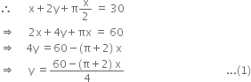 therefore space space space space space space straight x plus 2 straight y plus straight pi straight x over 2 space equals space 30
rightwards double arrow space space space space space 2 straight x plus 4 straight y plus πx space equals space 60
rightwards double arrow space space space space 4 straight y space equals 60 minus left parenthesis straight pi plus 2 right parenthesis space straight x
rightwards double arrow space space space space space straight y space equals fraction numerator 60 minus left parenthesis straight pi plus 2 right parenthesis space straight x over denominator 4 end fraction space space space space space space space space space space space space space space space space space space space space space space space space space space space space space space space space space space space space space space... left parenthesis 1 right parenthesis