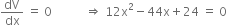 dV over dx space equals space 0 space space space space space space space space space space space rightwards double arrow space 12 straight x squared minus 44 straight x plus 24 space equals space 0