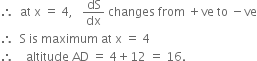 therefore space space at space straight x space equals space 4 comma space space space dS over dx space changes space from space plus ve space to space minus ve
therefore space space straight S space is space maximum space at space straight x space equals space 4
therefore space space space space altitude space AD space equals space 4 plus 12 space equals space 16.