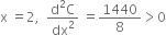 straight x space equals 2 comma space space fraction numerator straight d squared straight C over denominator dx squared end fraction space equals 1440 over 8 greater than 0