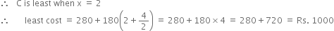 therefore space space space straight C space is space least space when space straight x space equals space 2
therefore space space space space space space space least space cost space equals space 280 plus 180 open parentheses 2 plus 4 over 2 close parentheses space equals space 280 plus 180 cross times 4 space equals space 280 plus 720 space equals space Rs. space 1000