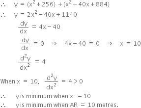 therefore space space space space space straight y space equals space left parenthesis straight x squared plus 256 right parenthesis space plus left parenthesis straight x squared minus 40 straight x plus 884 right parenthesis
therefore space space space space space straight y space equals space 2 straight x squared minus 40 straight x plus 1140
space space space space space space space space space space space space dy over dx space equals space 4 straight x minus 40
space space space space space space space space space space space space space dy over dx space equals space 0 space space space space rightwards double arrow space space space space 4 straight x minus 40 space equals space 0 space space space space rightwards double arrow space space space space straight x space equals space 10
space space space space space space space space space space space space fraction numerator straight d squared straight y over denominator dx squared end fraction space equals space 4
When space straight x space equals space 10 comma space space space fraction numerator straight d squared straight y over denominator dx squared end fraction space equals space 4 greater than 0
therefore space space space space space space straight y space is space minimum space when space straight x space space equals 10
therefore space space space space space space straight y space is space minimum space when space AR space equals space 10 space metres.
