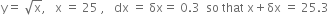 straight y equals space square root of straight x comma space space space straight x space equals space 25 space comma space space space dx space equals space δx equals space 0.3 space space so space that space straight x plus δx space equals space 25.3
