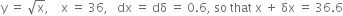 straight y space equals space square root of straight x comma space space space space straight x space equals space 36 comma space space space dx space equals space dδ space equals space 0.6 comma space so space that space straight x space plus space δx space equals space 36.6
