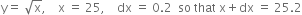 straight y equals space square root of straight x comma space space space space straight x space equals space 25 comma space space space space dx space equals space 0.2 space space so space that space straight x plus dx space equals space 25.2