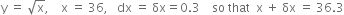 straight y space equals space square root of straight x comma space space space space straight x space equals space 36 comma space space space dx space equals space δx equals 0.3 space space space space so space that space space straight x space plus space δx space equals space 36.3