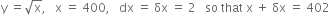 straight y space equals square root of straight x comma space space space straight x space equals space 400 comma space space space dx space equals space δx space equals space 2 space space space so space that space straight x space plus space δx space equals space 402