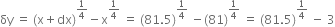 δy space equals space left parenthesis straight x plus dx right parenthesis to the power of 1 fourth end exponent minus straight x to the power of 1 fourth end exponent space equals space left parenthesis 81.5 right parenthesis to the power of 1 fourth end exponent space minus left parenthesis 81 right parenthesis to the power of 1 fourth end exponent space equals space left parenthesis 81.5 right parenthesis to the power of 1 fourth end exponent space minus space 3