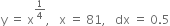 straight y space equals space straight x to the power of 1 fourth end exponent comma space space space straight x space equals space 81 comma space space space dx space equals space 0.5
