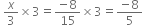 space x over 3 cross times 3 equals fraction numerator negative 8 over denominator 15 end fraction cross times 3 equals fraction numerator negative 8 over denominator 5 end fraction