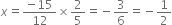 x equals fraction numerator negative 15 over denominator 12 end fraction cross times 2 over 5 equals negative 3 over 6 equals negative 1 half