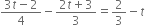 fraction numerator 3 t minus 2 over denominator 4 end fraction minus fraction numerator 2 t plus 3 over denominator 3 end fraction equals 2 over 3 minus t