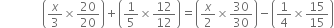 space space space space space space space space space space space space space space open parentheses x over 3 cross times 20 over 20 close parentheses plus open parentheses 1 fifth cross times 12 over 12 close parentheses equals open parentheses x over 2 cross times 30 over 30 close parentheses minus open parentheses 1 fourth cross times 15 over 15 close parentheses
