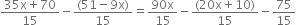 fraction numerator 35 straight x plus 70 over denominator 15 end fraction minus fraction numerator left parenthesis 51 minus 9 straight x right parenthesis over denominator 15 end fraction equals fraction numerator 90 straight x over denominator 15 end fraction minus fraction numerator left parenthesis 20 straight x plus 10 right parenthesis over denominator 15 end fraction minus 75 over 15